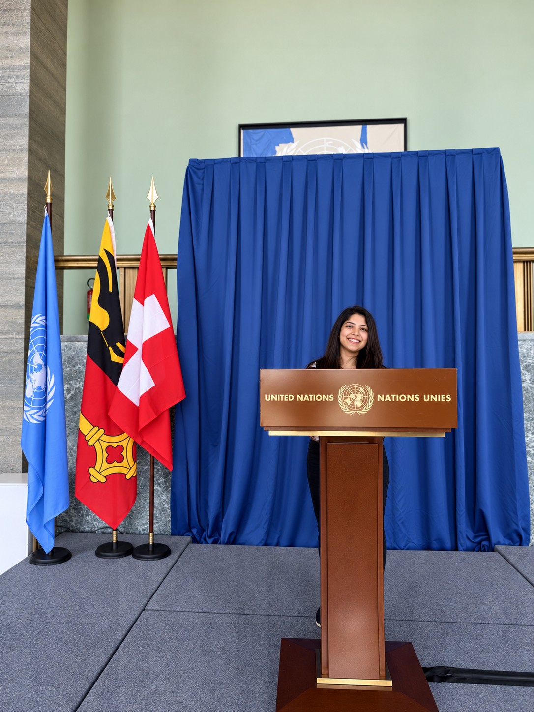 Deblina at the United Nations podium in Geneva